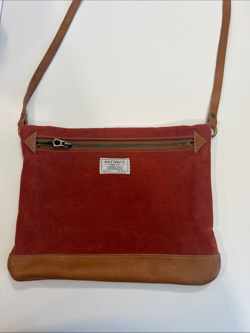 Artifact - American, Handmade, Rust Red Orange  Canvas/ Leather Crossbody Bag